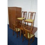 A MID 20TH CENTURY TEAK DROP LEAF DINING TABLE, and four chairs, together with a teak double door