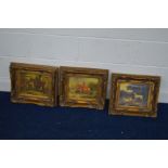 THREE SMALL GILT FRAMED PICTURE FRAMES with various oil on board of animals, 40cm x 36cm