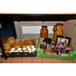 TWO BOXES AND LOOSE CERAMIC AND SUNDRY ITEMS, to include Hornsea 'Saffron' storage jars, cups,