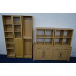 SIX VARIOUS PIECES OF MODERN OAK FINISH FURNITURE, to include a sideboard with four drawers, width