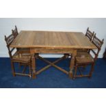 AN EARLY TO MID 20TH CENTURY GOLDEN OAK DRAW LEAF TABLE, on a cross stretchered base, 91cm square