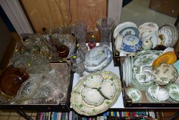 FOUR BOXES AND LOOSE CERAMICS AND GLASSWARES, to include twin handled etched glass 'Celery' vase,