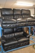 TWO BLACK LEATHER RECLINING SOFAS including one three seater (both ends reclining), width 210cm
