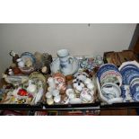 FIVE BOXES AND LOOSE CERAMICS, GLASS, RECORDS etc, to include Bridgwood 'Basket' wash set (jug,