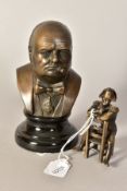 A MODERN BRONZED BUST OF CHURCHILL, on a ceramic base, height 15cm, together with a small cast