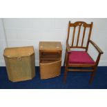 AN OAK CARVER CHAIR, together with a gold painted wicker blanket chest and bedside (3)