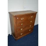 A VICTORIAN WALNUT CHEST OF TWO SHORT AND THREE LONG DRAWERS, width 119cm x depth 50cm x height