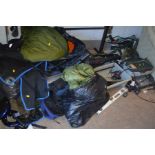 A QUANTITY OF CAMPING AND FISHING EQUIPMENT, including sleeping bags, tent parts, telescopic fishing