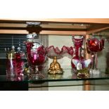 EIGHT PIECES OF CRANBERRY/VASELINE COLOURED GLASSWARE, to include two plated baskets with