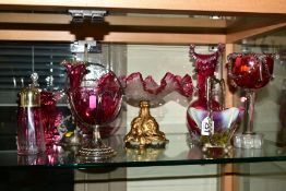 EIGHT PIECES OF CRANBERRY/VASELINE COLOURED GLASSWARE, to include two plated baskets with