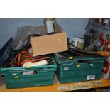 TWO TRAYS AND A WOODEN TRAY containing hand tools and a lock display board (4)