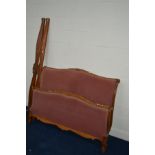 A LATE 20TH CENTURY MAHOGANY 5FT FRENCH SLEIGH BED FRAME, with pink upholstery and side rails