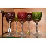 A SET OF FIVE HARLEQUIN HOCK GLASSES, (5)