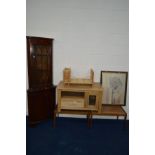 A MODERN OAK T.V STAND, with a single drawer, two teak occasional tables, mahogany corner cupboard