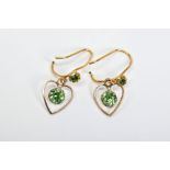 A PAIR OF 9CT GOLD DROP EARRINGS, each designed as open heart shapes with central circular green gem