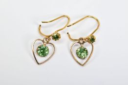 A PAIR OF 9CT GOLD DROP EARRINGS, each designed as open heart shapes with central circular green gem