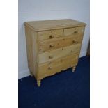 A VICTORIAN PINE CHEST OF TWO SHORT AND THREE LONG DRAWERS on baluster legs, width 105cm x depth