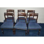 A SET OF SIX REGENCY BAR BACK CHAIRS, with blue upholstered seat pads