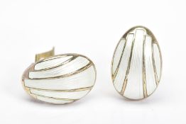 A PAIR OF DAVID ANDERSEN ENAMEL EAR CLIPS, each of oval outline with white 'shell like' enamel