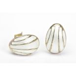A PAIR OF DAVID ANDERSEN ENAMEL EAR CLIPS, each of oval outline with white 'shell like' enamel