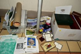 TWO BOXES AND A TIN OF LILLIPUT LANE RELATED ITEMS, to include books, badges, posters, leaflets, T-
