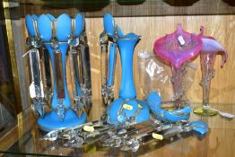 A BLUE GLASS TABLE LUSTRE, together with a broken example, height approximately 28cm, to also