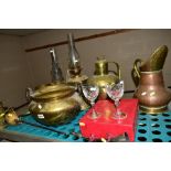 BRASS AND COPPER METALWARES, etc, to include a twin handled cauldron with planished surface, two oil