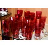 A GROUP OF CRANBERRY GLASSES, to include four wines and eleven beakers (15)