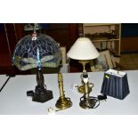 A TIFFANY STYLE TABLE LAMP, with Dragonfly design shade, total height approximately 49cm, together