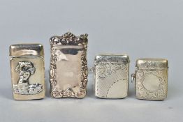 FOUR VESTA CASES OF RECTANGULAR FORM, comprising three hallmarked silver, Joseph Gloster, Birmingham