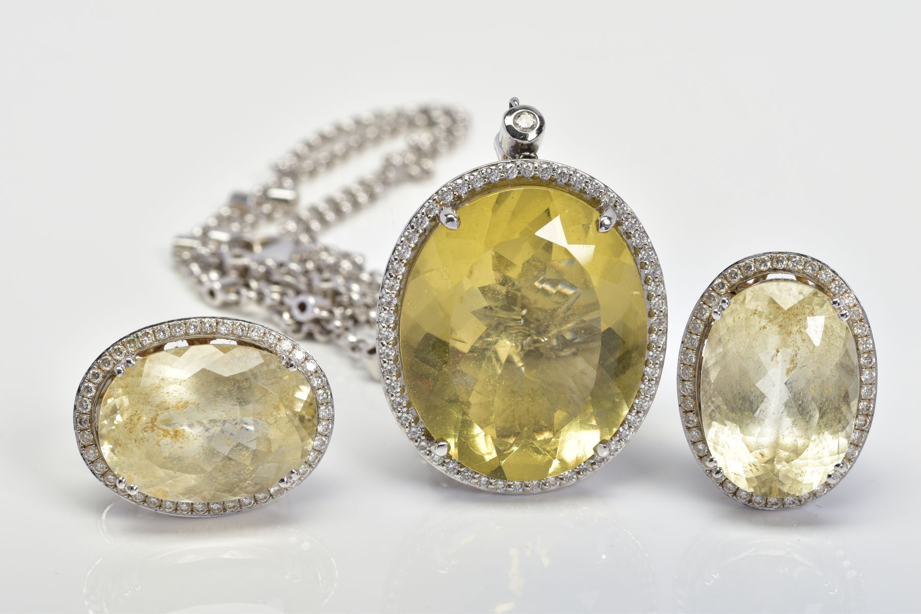 AN 18CT WHITE GOLD, CITRINE AND DIAMOND PENDANT AND MATCHING EARRINGS, the pendant designed as a - Image 2 of 5