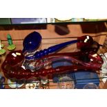 A LARGE BRISTOL BLUE GLASS PIPE, length 57cm (cracks along rim) together with three similar