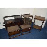 A PRIORY OAK TELEPHONE TABLE, together with two similar drop leaf occasional tables, two various