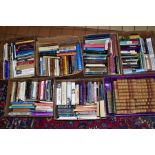 SEVEN BOXES OF BOOKS, subjects include twenty one volumes of Waverly novels by Sir Walter Scott, 1/4