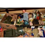 THREE BOXES OF TOYS, GAMES, etc, to include two Action Man (missing hands), Military Action Man