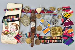 A SMALL BOX OF MILITARIA, to include cap badges, two defence medals 1939-45, a military style