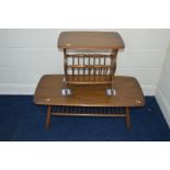 AN ERCOL GOLDEN DAWN ASH COFFEE TABLE with a spindled under shelf and a matching magazine rack (2)