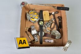A SMALL BOX OF WATCHES etc, to include a gentleman's DKNY wristwatch, a Casio watch etc, together