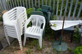 A COLLECTION OF PLASTIC GARDEN FURNITURE including a set of six armed chairs, a pair of armed chairs