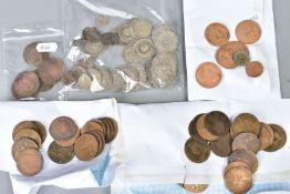 A PLASTIC TUB OF MIXED COINAGE to include amounts of silver crowns, half crowns, florins etc