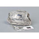 AN EDWARDIAN SILVER PURSE, foliate scroll decoration cartouche to both sides, one engraved with