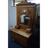 AN EDWARDIAN SATINWOOD SINGLE MIRROR DOOR WARDROBE, above a single drawer, an oak chest of three