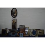 A QUANTITY OF VARIOUS WALL MIRRORS, together with a triple dressing mirror and two oak framed