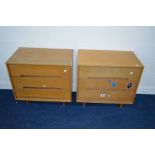 JOHN AND SYLVIA REID FOR STAG, a pair of light oak chest of three drawers on cylindrical tapering