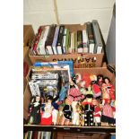 TWO BOXES OF BOOKS AND COLLECTORS DOLLS IN TRADITIONAL DRESS, subjects include 'The Beatles