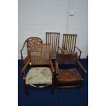 A PAIR OF MAHOGANY RUSH SEATED ELBOW CHAIRS, and three other chairs (5)