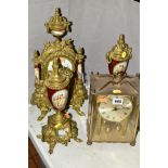 A FRANZ HERMLE & SONS OF GERMANY BRASS CLOCK GARNITURE IN THE LOUIS XIV STYLE, painted porcelain