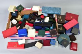 A BOX OF MAINLY EMPTY JEWELLERY BOXES, to include boxes from bracelets, pendants, rings, watches