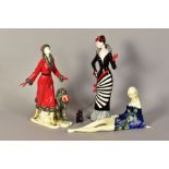 TWO OLD TUPTON WARE FIGURINES WITH DOGS, comprising one walking with Afghan Hound carrying a