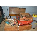 A MID CENTURY TOOLBOX, A WOODEN CRATE, A DRAWER AND A PLASTIC TRAY containing a quantity of hand and